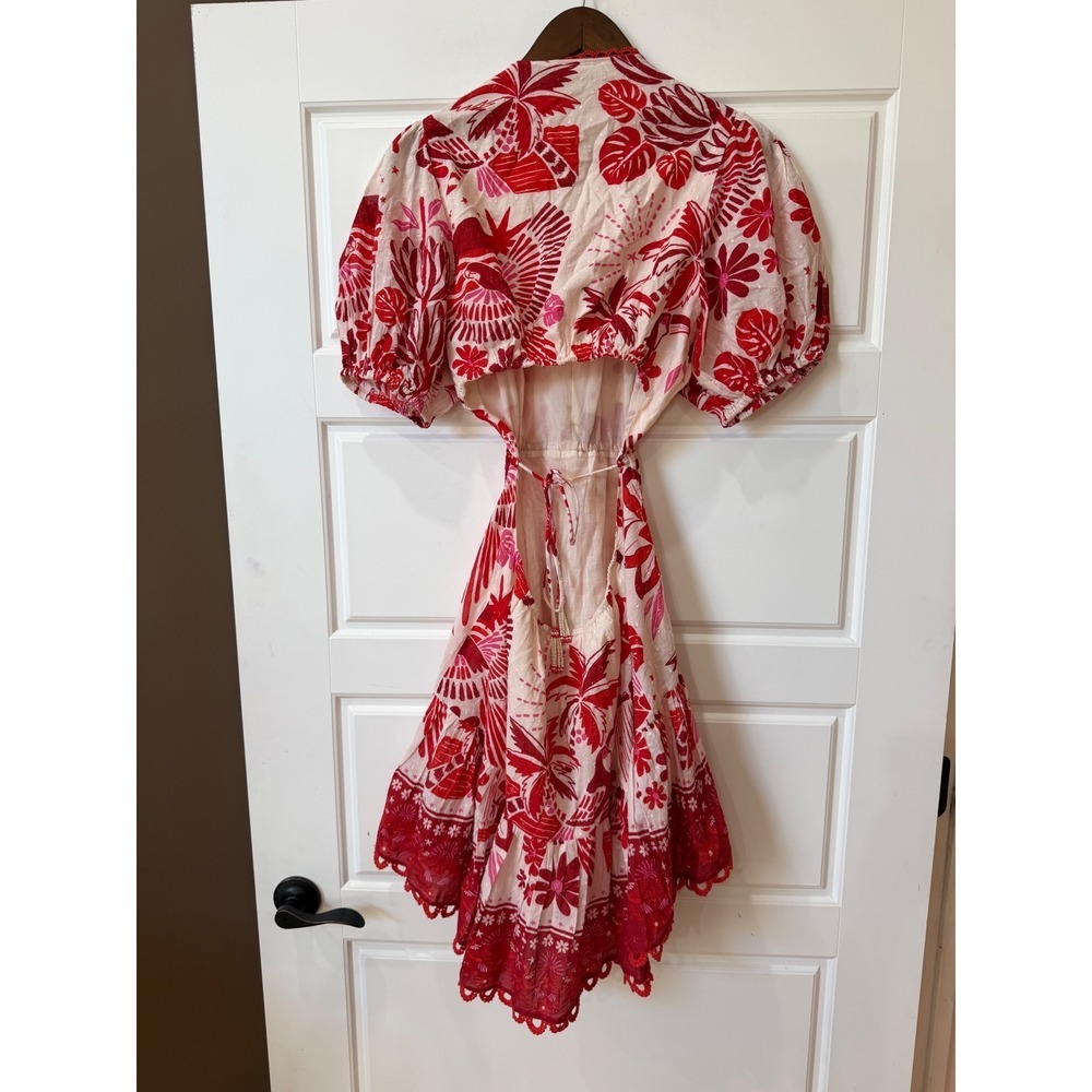 Farm Rio Red White Tiles Mini Dress Cut Out Back Medium Vacation Boho - Picture 7 of 12